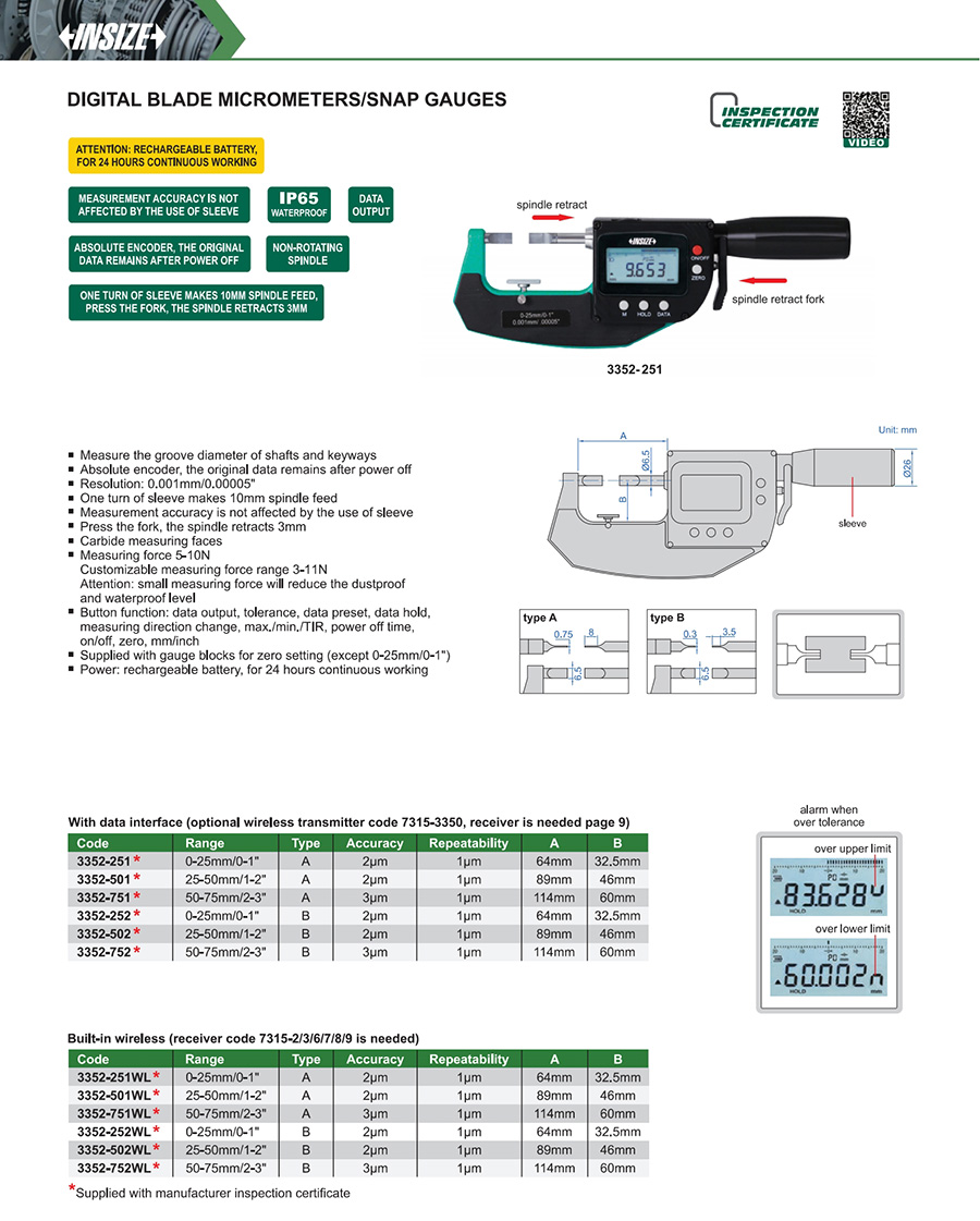 INSIZE 3352-501WL Digital Blade Micrometer 25-50 mm - photo 2