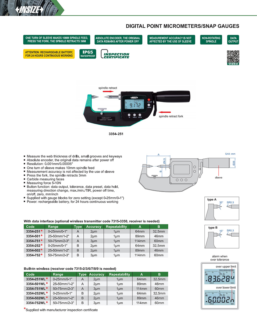 INSIZE 3354-501WL Digital Point Micrometer/Snap Gauge 25-50mm - photo 2