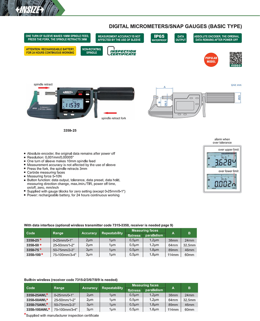INSIZE 3358-100 Digital Micrometer/Snap Gauge (Basic Type) 75-100mm - photo 2