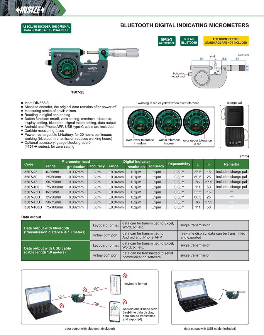 INSIZE 3507-75B Bluetooth Digital Indicating Micrometer 50-75mm - photo 2