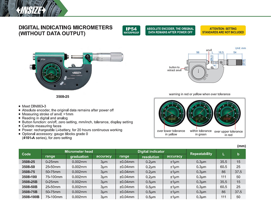 INSIZE 3508-100 Digital Indicating Micrometer 75-100mm 0.2um - photo 2