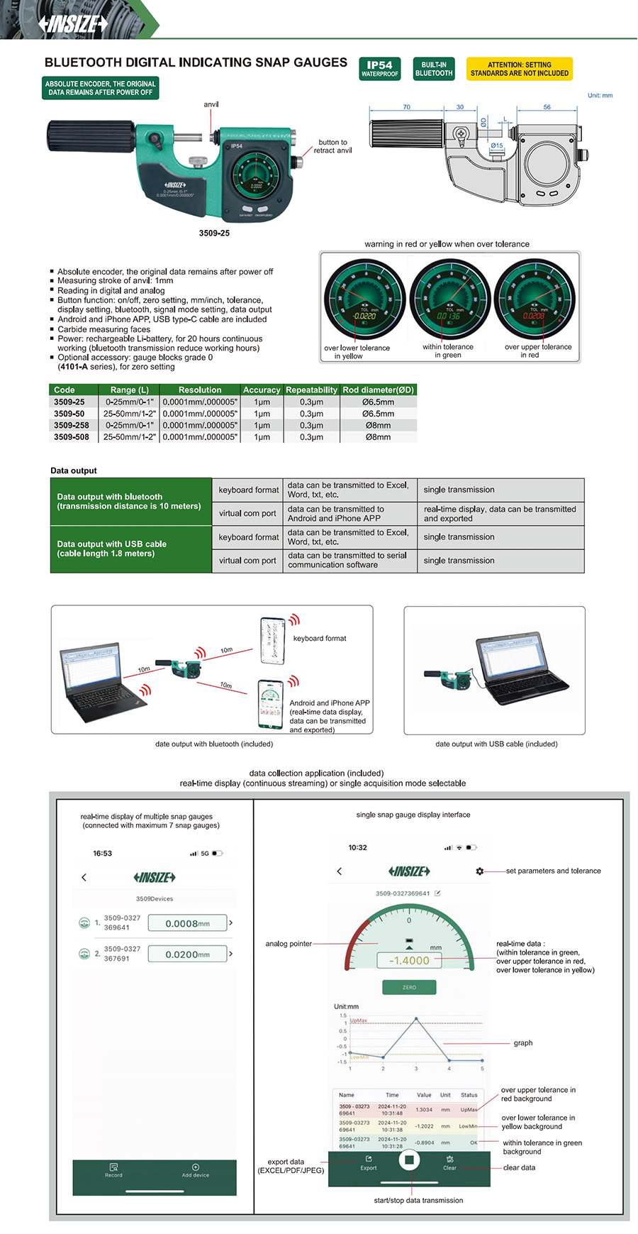 INSIZE 3509-25 Bluetooth Digital Indicating Snap Gauge, 0-25mm/0-1" - photo 2