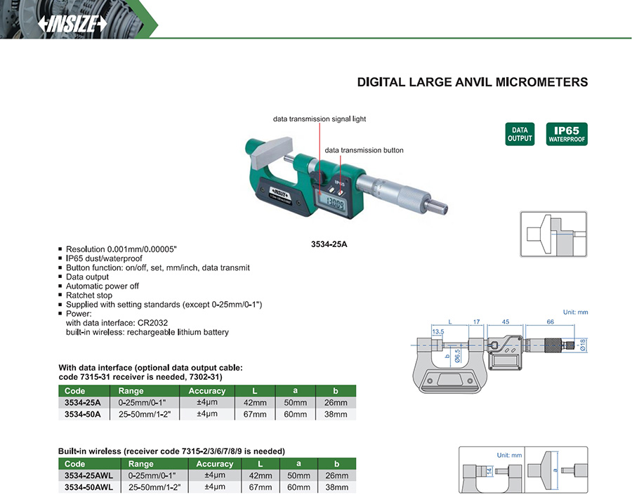 INSIZE 3534-25A Digital Large Anvil Micrometer 0-25 mm - photo 2