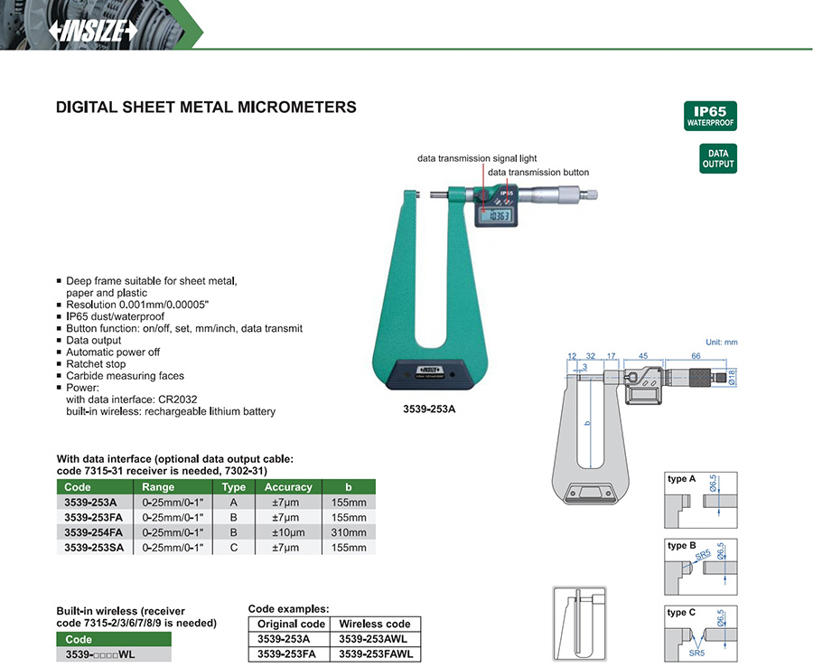 INSIZE 3539-253A Digital Sheet Metal Micrometer 0-25 mm - photo 2