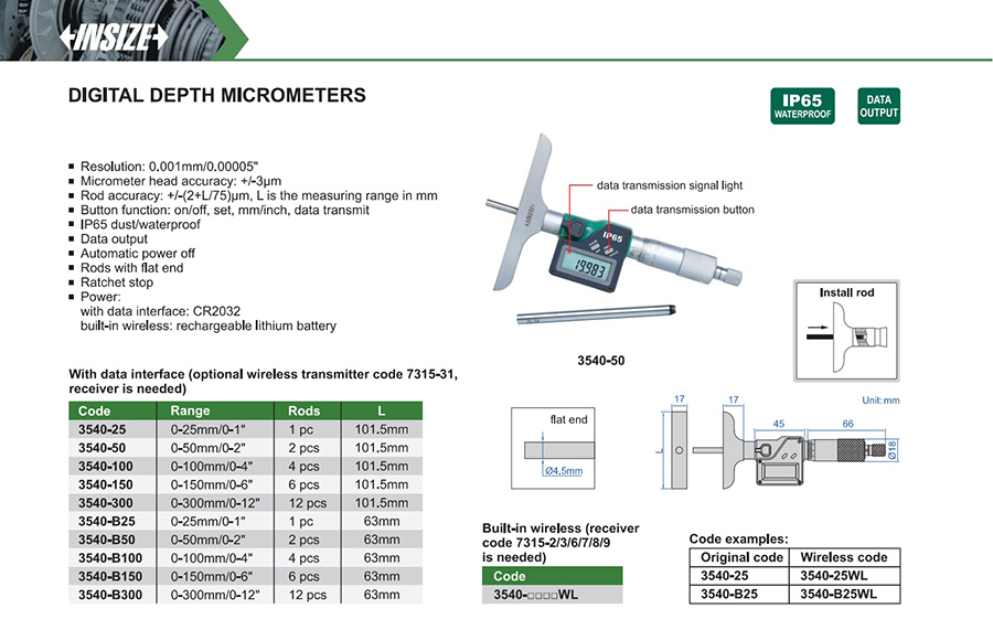 INSIZE 3540-50 Digital Depth Micrometer 0-50mm/0-2" - photo 2