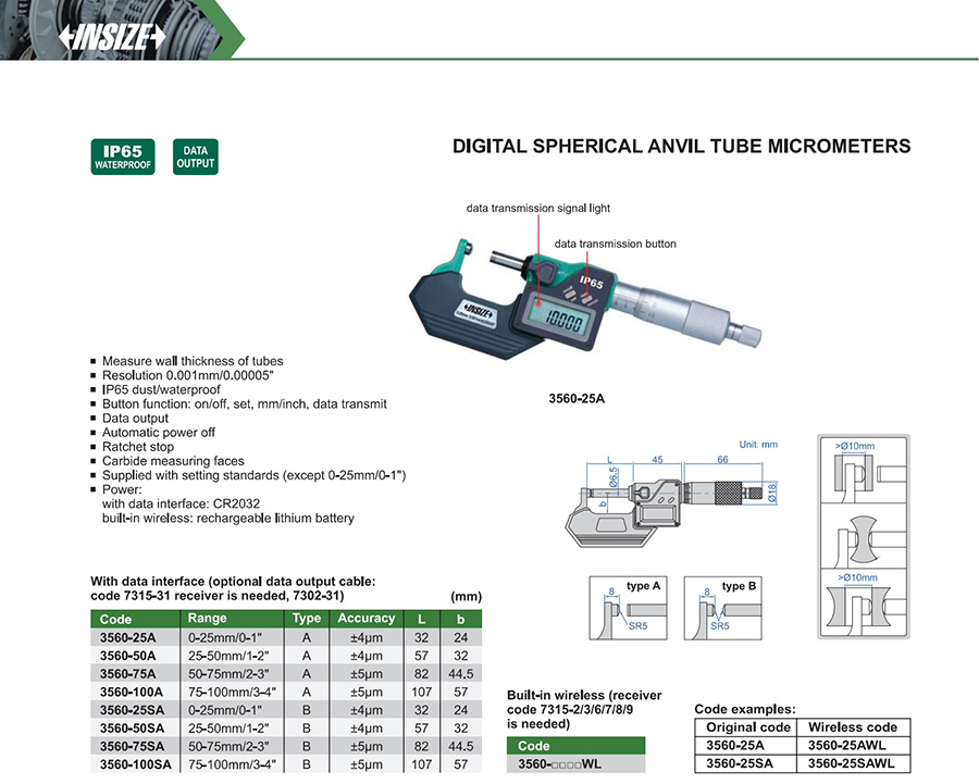 INSIZE 3560-25A Digital Spherical Anvil Tube Micrometer 0-25 mm - photo 2