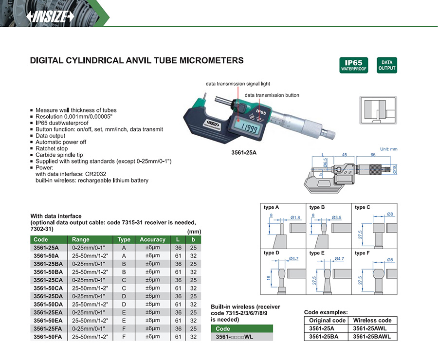 INSIZE 3561-50EA Digital Cylindrical Anvil Tube Micrometer 25-50 mm - photo 2