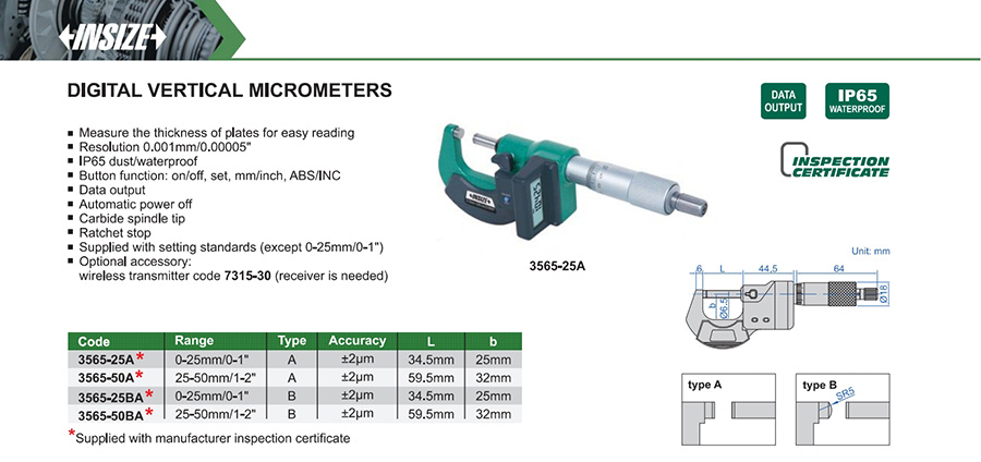 INSIZE 3565-25A Digital Vertical Micrometer 0-25mm - photo 2