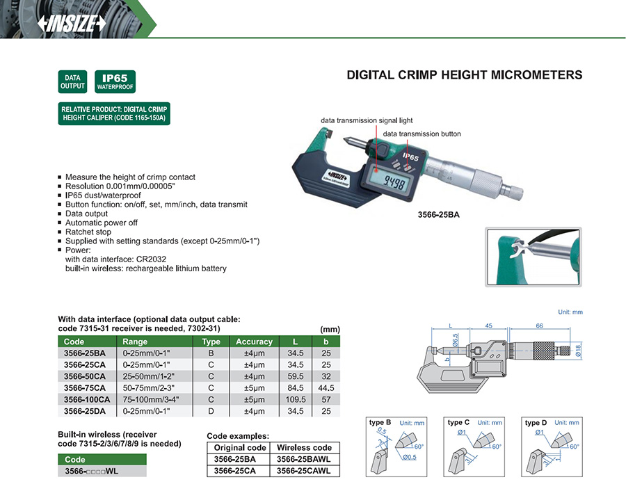 INSIZE 3566-25BA Digital Crimp Height Micrometer 0-25 mm - photo 2