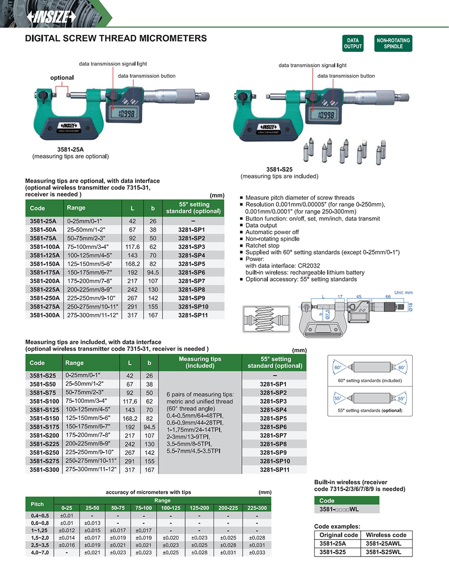 INSIZE 3581-S50 Digital Screw Thread Micrometer 25-50mm/1-2" - photo 2