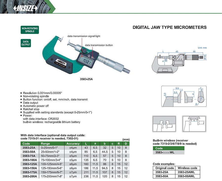 INSIZE 3583-25A Digital Jaw Type Micrometer 0-25 mm - photo 2