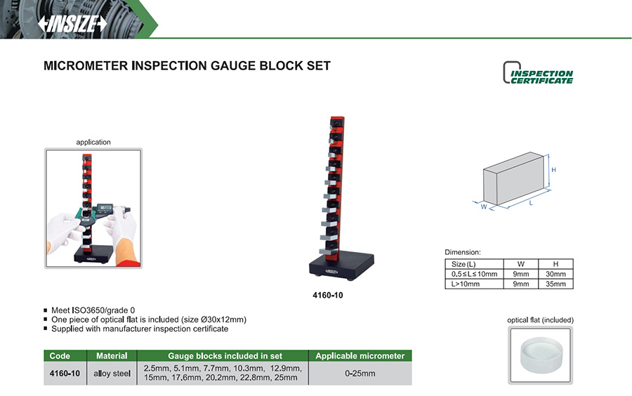 INSIZE 4160-10 Micrometer Inspection Gauge Block Set, 0-25mm - photo 2