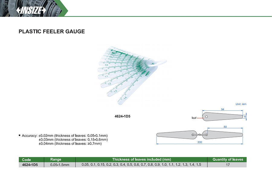 INSIZE 4624-1D5 Plastic Feeler Gauge 0.05-1.5mm - photo 2