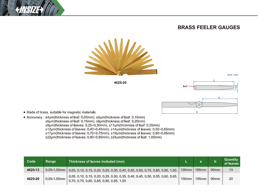 INSIZE 4625-13 Brass Feeler Gauge Set 0.05-1.00mm - photo 2