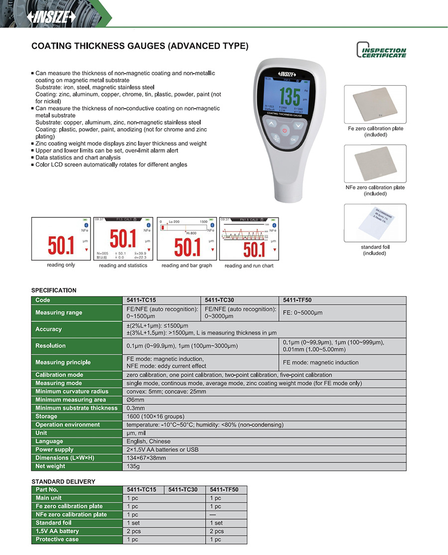 INSIZE 5411-TC30 Coating Thickness Gauge 0-3000 Micron - photo 2
