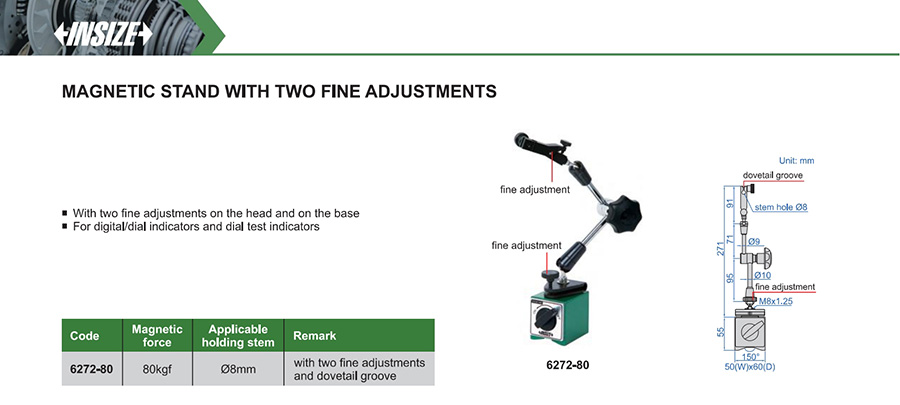INSIZE 6272-80 Magnetic Stand With Two Fine Adjustments 80kgf - photo 2