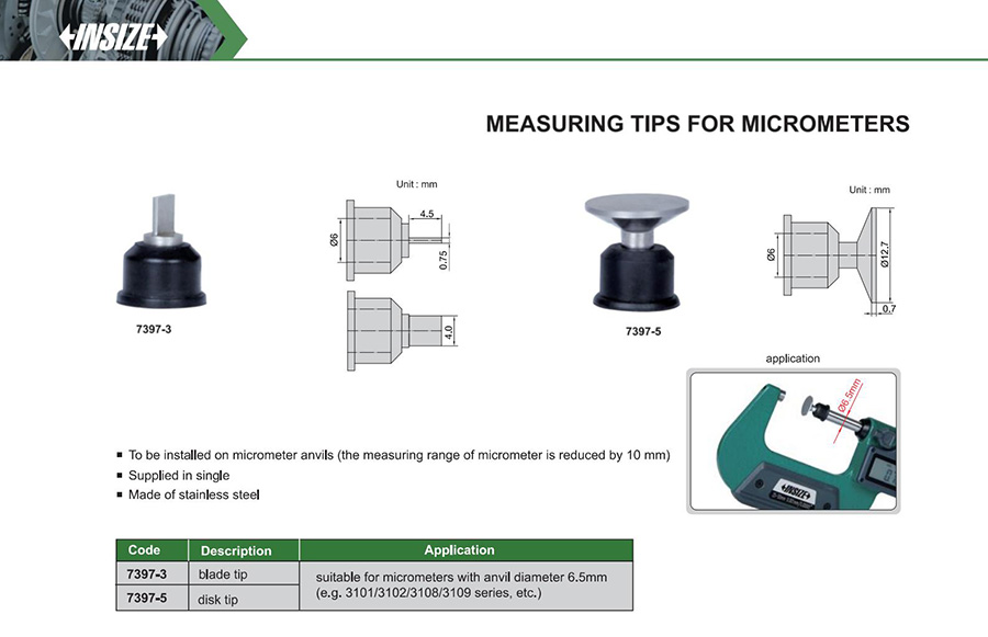 INSIZE 7397-5 Disk Measuring Tip For Micrometers - photo 2