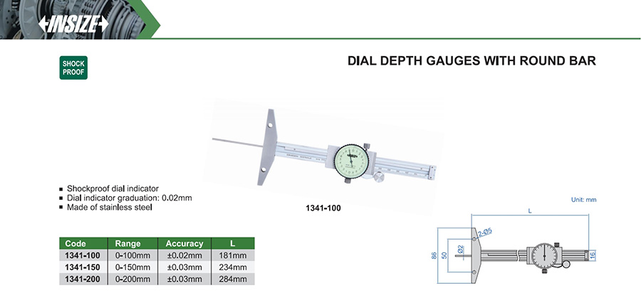 INSIZE Dial Depth Gauge With Round Bar 0-200mm 1341-200 - photo 2