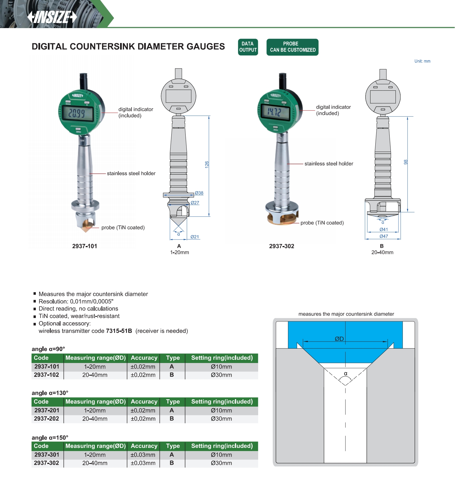 INSIZE Digital Countersink Diameter Gauge 2937-102, 20-40mm - photo 2