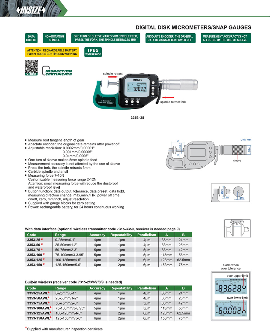 INSIZE Digital Disk Micrometers/Snap Gauges, 50-75mm/2-3", 3353-75 - photo 2