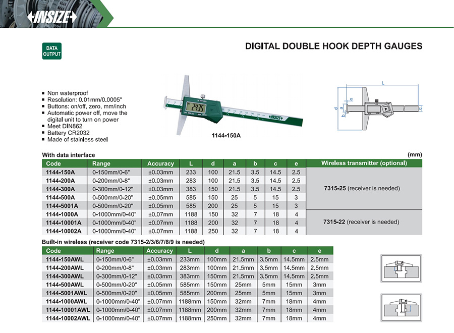 INSIZE Digital Double Hook Depth Gauge 0-200mm/0-8" 1144-200A - photo 2