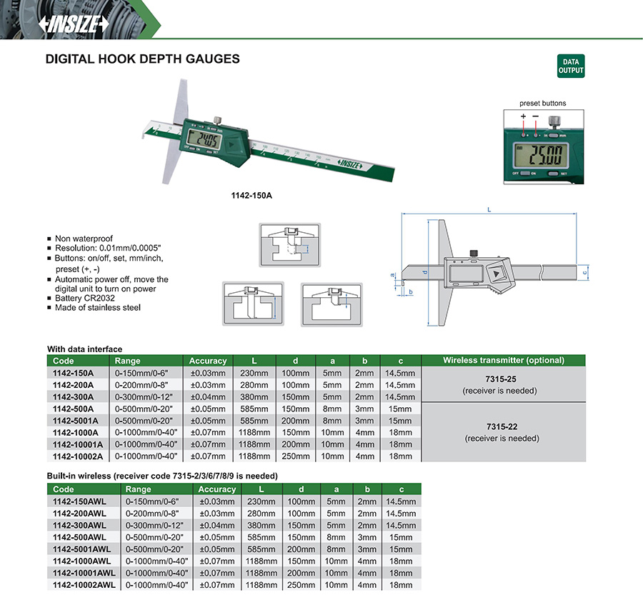 INSIZE Digital Hook Depth Gauge 0-150mm/0-6" 1142-150A - photo 2