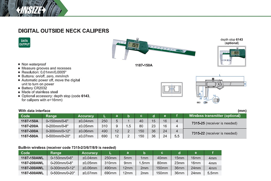 INSIZE Digital Outside Neck Caliper, 0-150mm/0-6", 1187-150A - photo 2