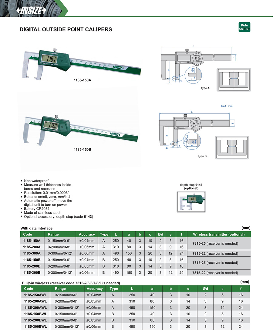 INSIZE Digital Outside Point Caliper, 0-150mm/0-6", 1185-150A - photo 2