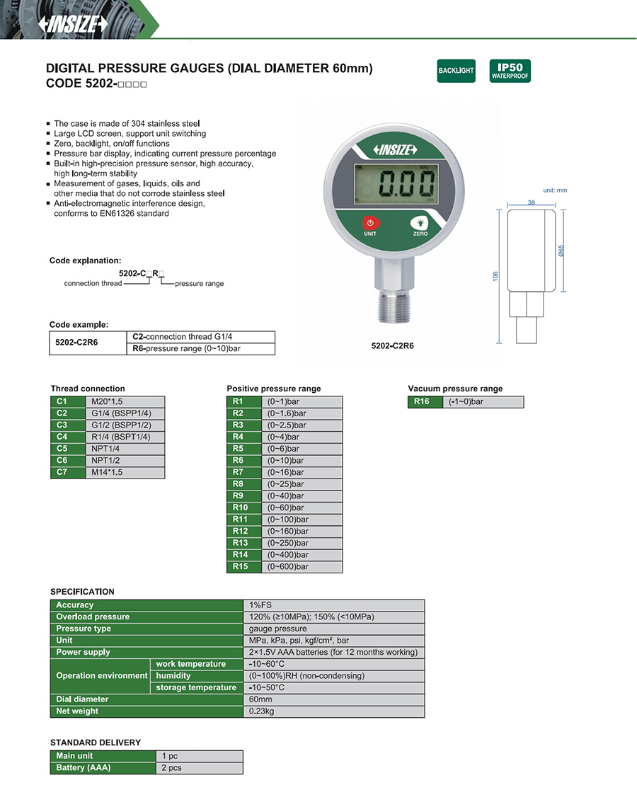 INSIZE Digital Pressure Gauges (Dial Diameter 60Mm), 0-25MPa, 5202-N14Y250 - photo 2
