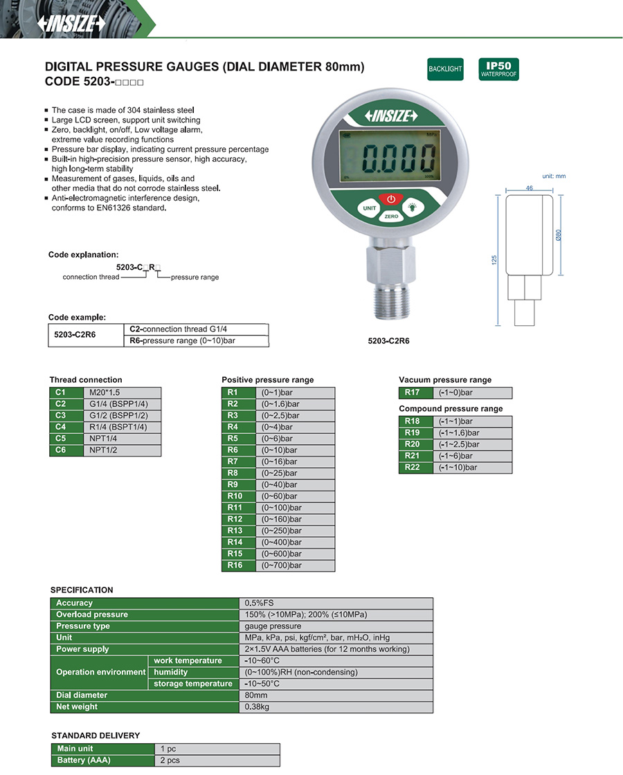 INSIZE Digital Pressure Gauges (Dial Diameter 80Mm), 0-1.6MPa, 5203-N12Y16 - photo 2