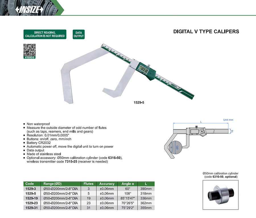 INSIZE Digital V Type Calipers, Ø50-Ø200mm/2-8" DIA, 1529-5 - photo 2