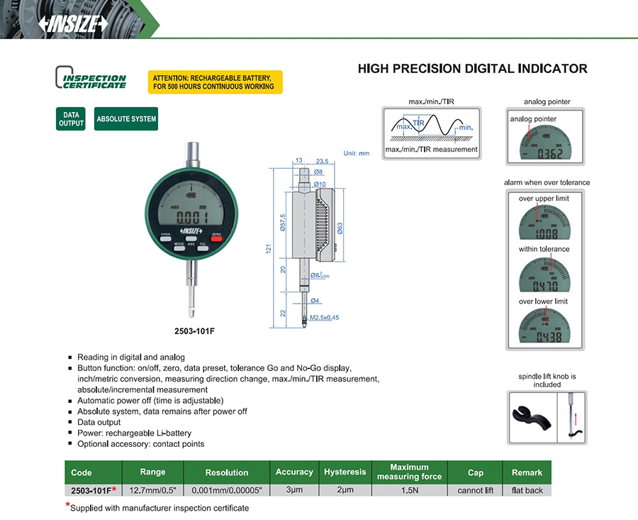 INSIZE High Precision Digital Indicator 12.7mm/0.5" 2503-101F - photo 2