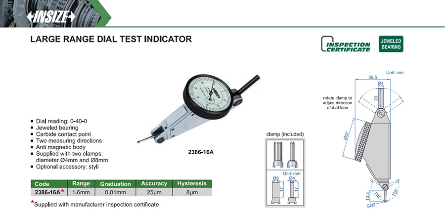 INSIZE Large Range Dial Test Indicator 1.6mm 2386-16A - photo 2