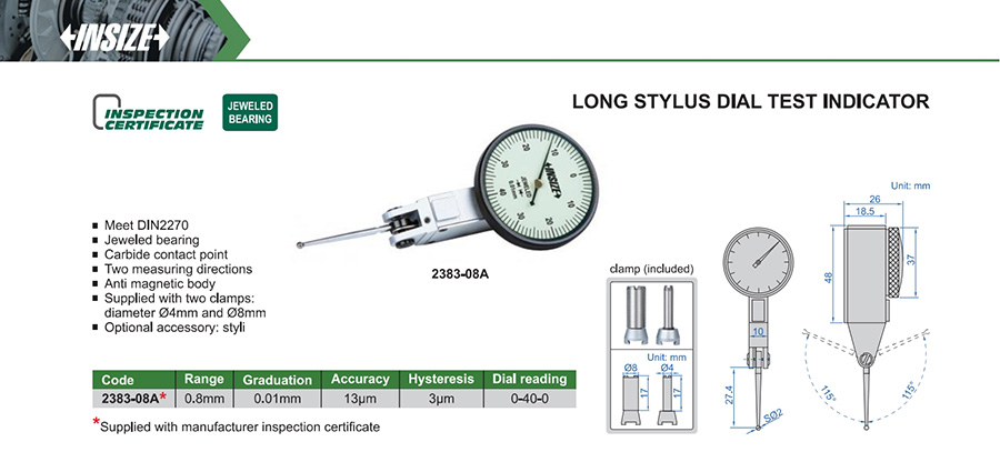 INSIZE Long Stylus Dial Test Indicator 0.8mm 2383-08A - photo 2