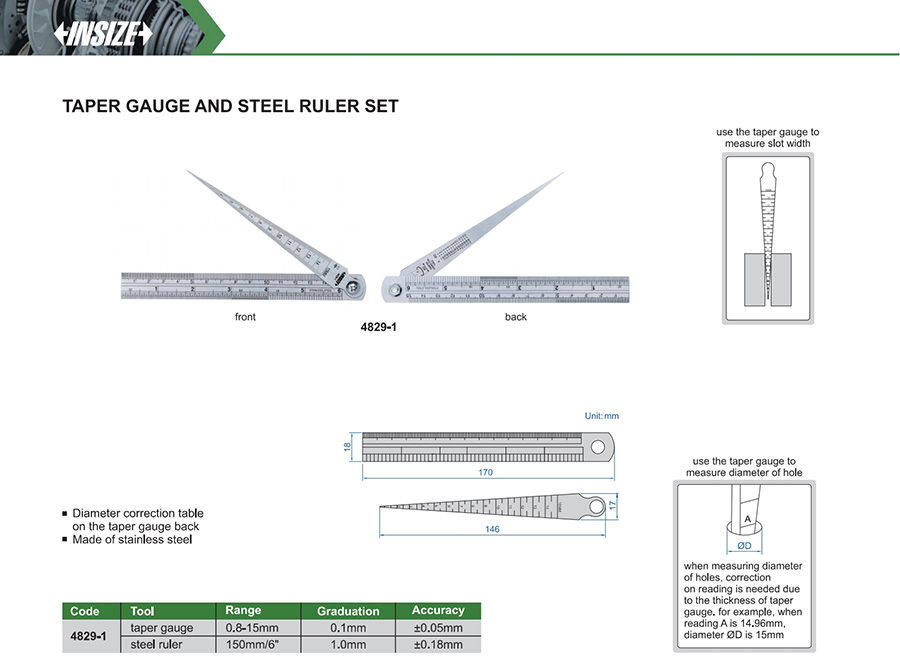 INSIZE Taper Gauge and Steel Ruler Set 4829-1 - photo 2