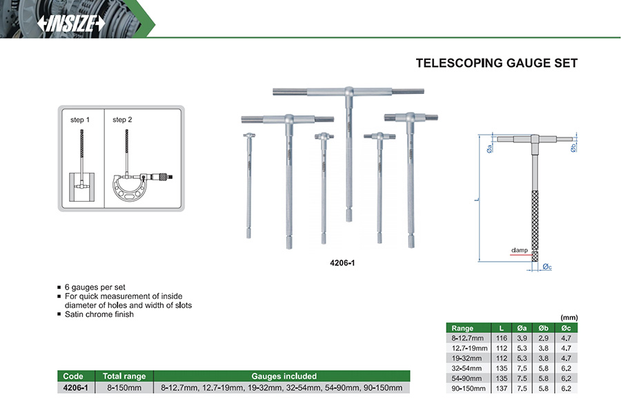 INSIZE Telescoping Gauge Set 8-150mm 4206-1 - photo 2