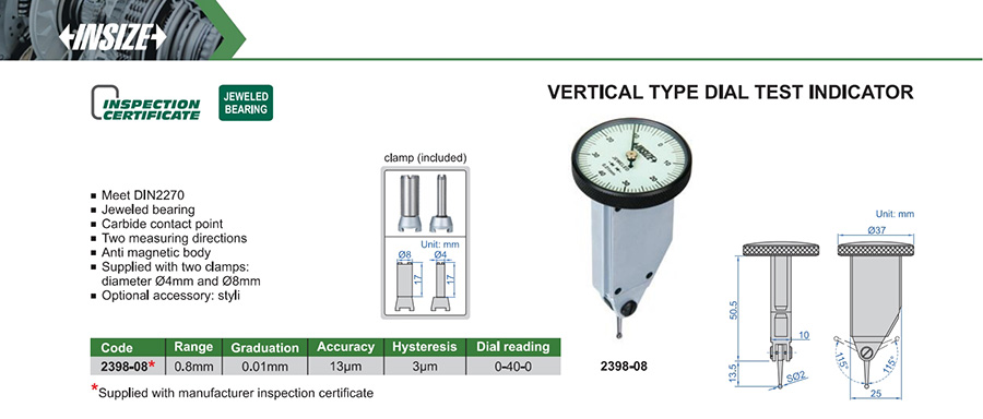 INSIZE Vertical Type Dial Test Indicator 0.8mm 2398-08 - photo 2