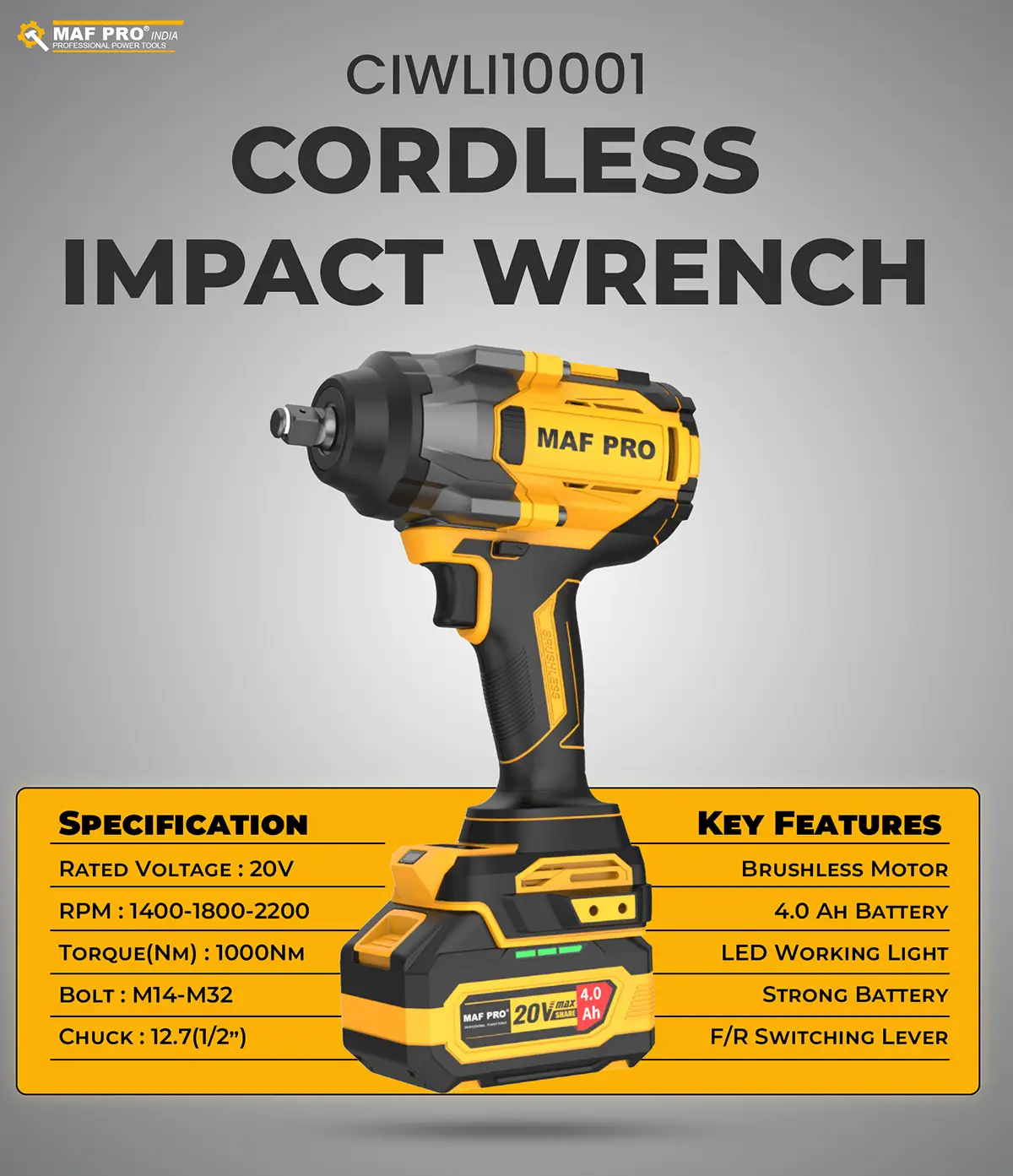 MAF PRO Cordless Impact Wrench 1000Nm (CIWLI10001) - photo 5