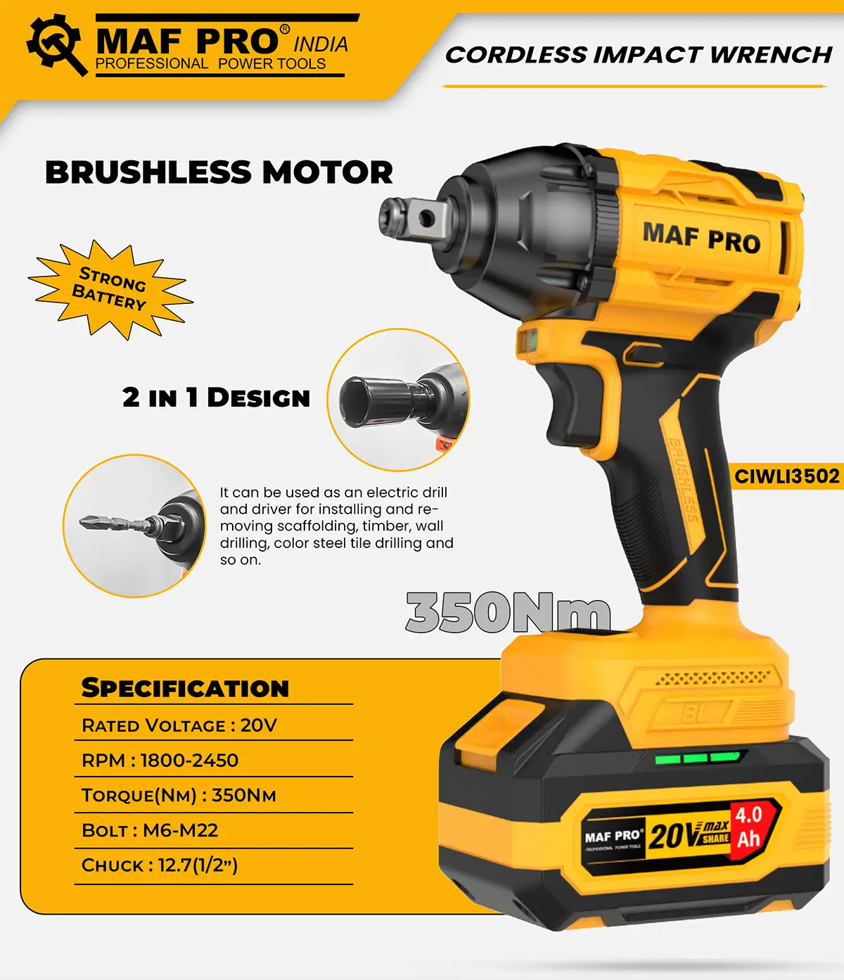 MAF PRO Cordless Impact Wrench 350Nm (CIWLI3502) - photo 5