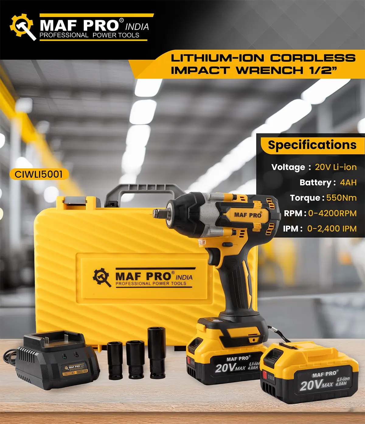 MAF PRO Lithium-ion Cordless Impact Wrench 1/2″ (Brushless) 20V (CIWLI5001) - photo 4