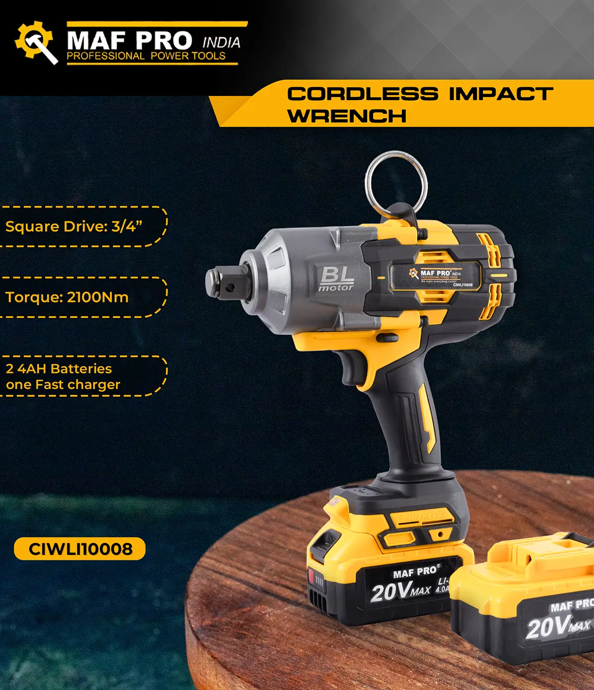 MAF PRO Lithium-ion Cordless Impact Wrench 3/4″ ( BRUSHLESS) 20V (CIWLI10008) - photo 5