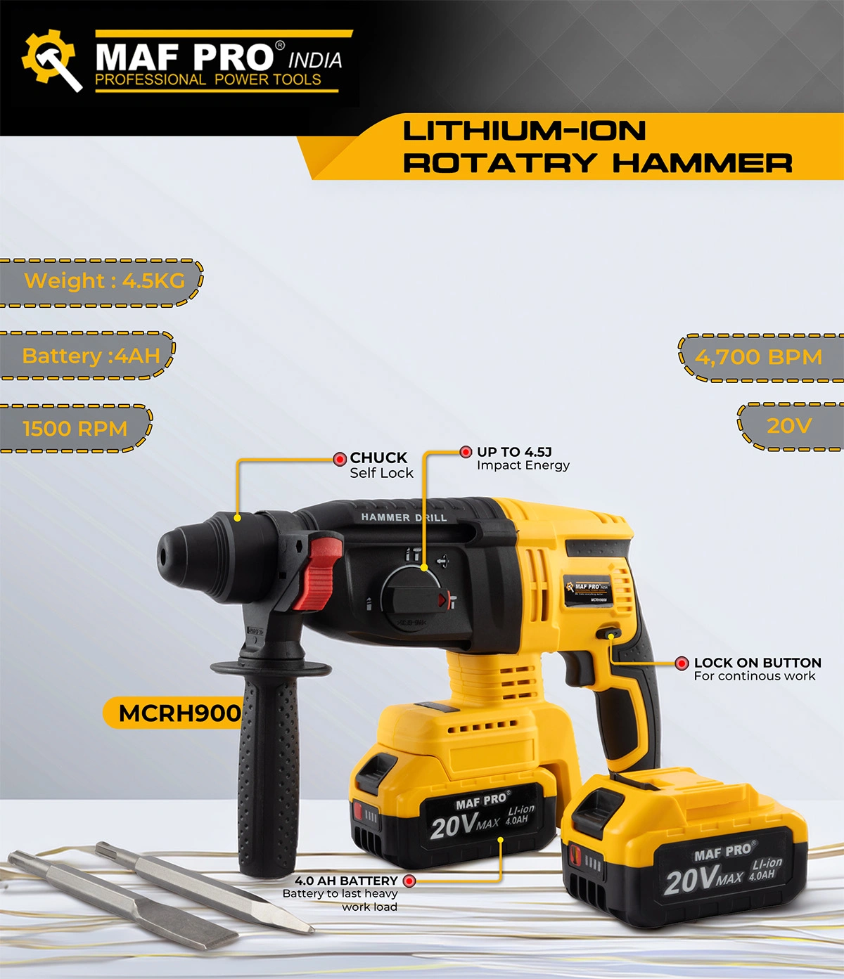 MAF PRO Lithium-ion Rotatry Hammer (BRUSHLESS) 20V (MCRH9008) - photo 4